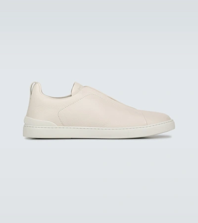 Ermenegildo Zegna Leather Sneakers With Concealed Laces In Pan