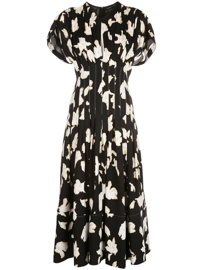 Proenza Schouler Pintucked-waist Pleated Floral-print Crepe Dress In Black Off White
