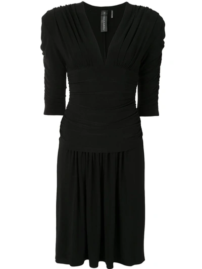 Norma Kamali Shirred Sleeve V Neck Shirred Waist Dress In Black