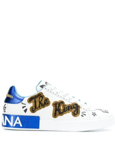 Dolce & Gabbana Printed Calfskin Portofino Sneakers With Patch In White