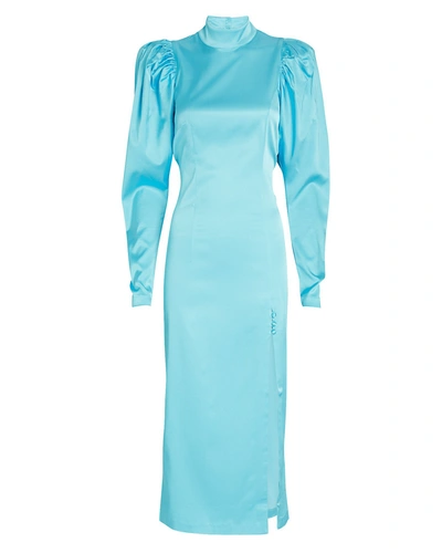 Rotate Birger Christensen Teresa Puff Sleeve Midi Dress In Blue-lt