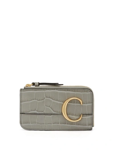 Chloé The C Logo Crocodile-embossed Leather Cardholder In Grey