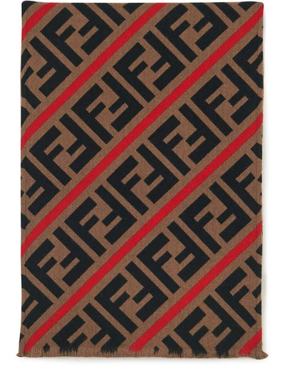 Fendi Ff Logo Wool And Silk Scarf In Mud Black Red