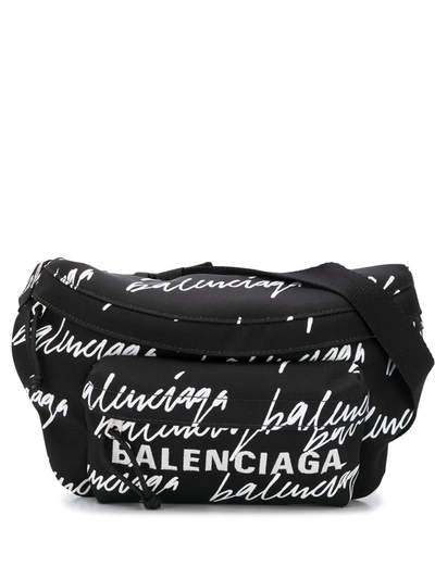 Balenciaga Logo Scribble Print Nylon Belt Bag In Black