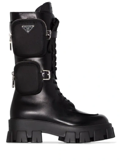 Prada Pocket Lug-sole Tall Leather Combat Boots In Black