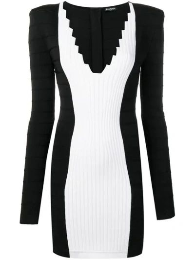 Balmain Long-sleeve V-neck Bicolor Knit Mini Dress In Black