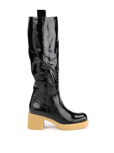 Miu Miu Crinkled Patent-leather Platform Knee Boots In Black