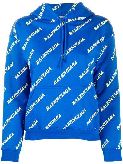Balenciaga All-over Logo Hoodie In Blue