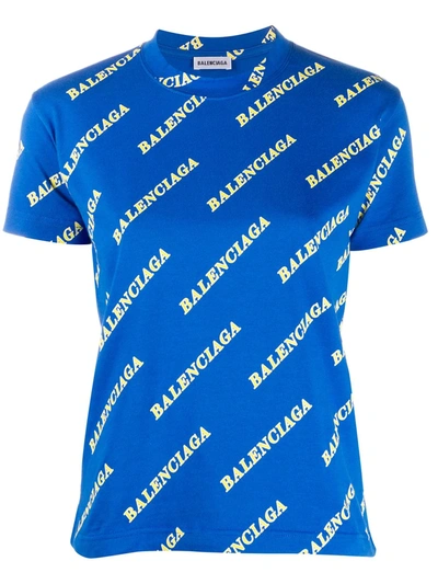 Balenciaga All-over Logo T-shirt In Blue