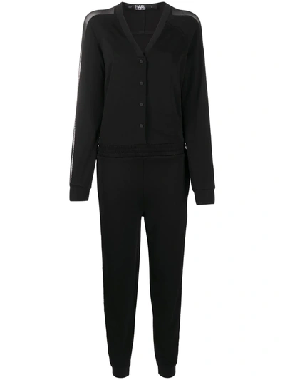 Karl Lagerfeld Crepe Mesh Jumpsuit In Black