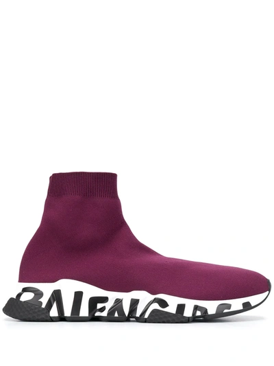 Balenciaga Burgundy & White Graffiti Sole Speed High-top Sneakers In Purple