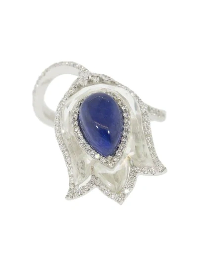Saboo Fine Jewels 18kt White Gold Burma Sapphire Diamond Tulip Ring In Whtgold