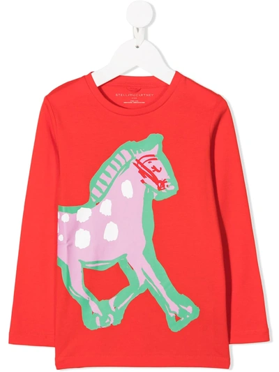 Stella Mccartney Kids' Horse-print Long-sleeve T-shirt In Red