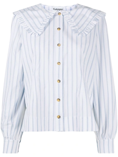 Ganni Stripe Print Button-up Shirt In White