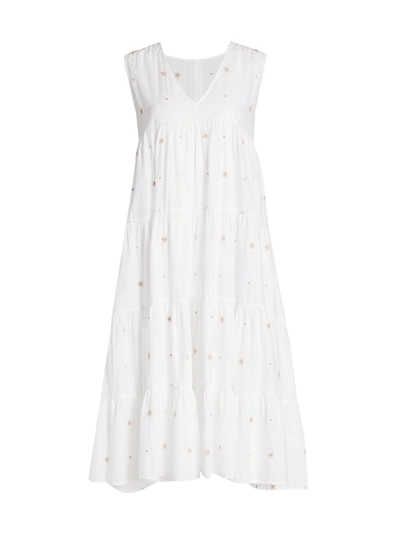 Merlette Chelsea Tiered Embroidered Midi Dress In White/beige Emb
