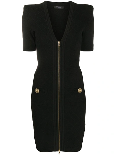 Balmain Short Black Knit Dress With Gold-tone Zip Closure