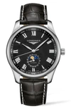 Longines Master Automatic Alligator Leather Strap Watch, 42mm In Black/ Silver