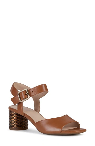 Geox Ortensia Block Heel Sandal In Cognac Leather