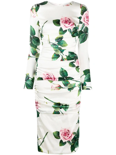 Dolce & Gabbana Tropical Rose Print Silk Longuette Dress In White ,pink