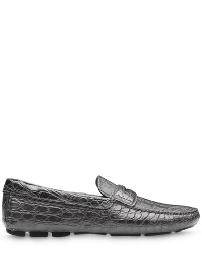 Prada Crocodile-effect Penny-slot Loafers In Grey