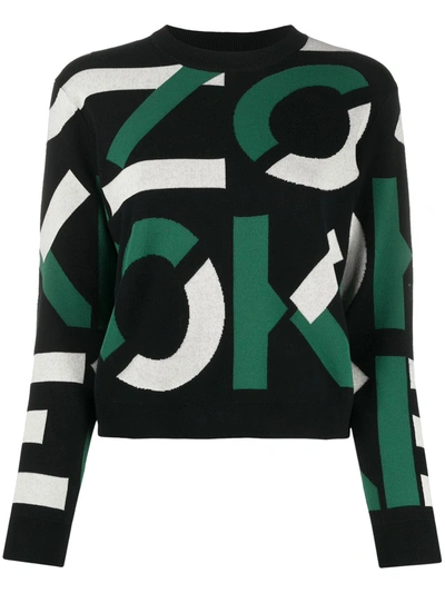 Kenzo Sport Logo Jacquard Cotton Blend Sweater In Green,black,white