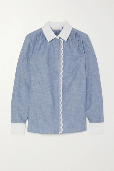 Chloé Scalloped Cotton-chambray Shirt In Light Denim