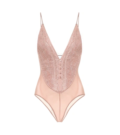Jonathan Simkhai Gemma Satin-trimmed Stretch-mesh And Lace Thong Bodysuit In Almond