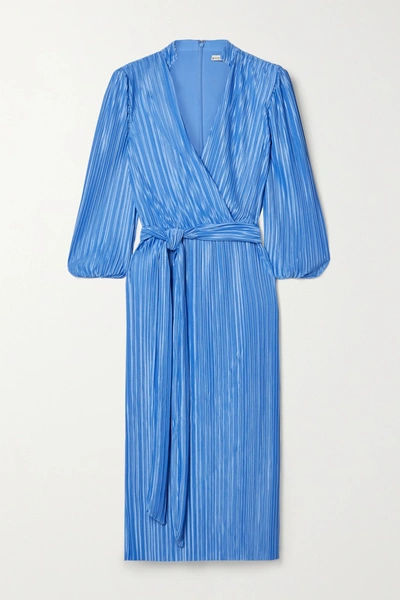 Alice And Olivia Katina Belted Wrap-effect Plissé-satin Midi Dress In Blue