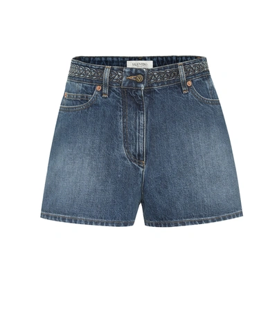 Valentino Logo-embroidered Braided High-rise Denim Shorts In Blue