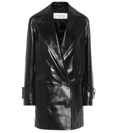 Valentino Double-breasted Leather Coat In Black