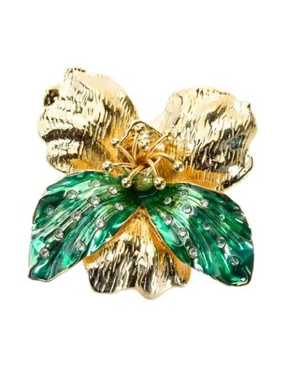 Pinko Crystal-embellished Flower Brooch In Gold