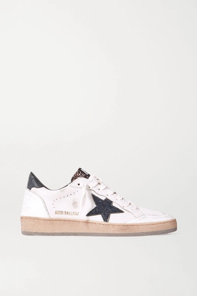 Golden Goose Ball Star Glittered Distressed Leather Sneakers In White