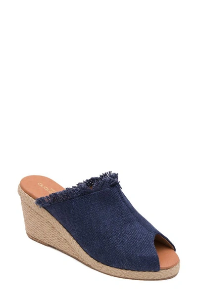 Andre Assous Popy Frayed Wedge Mule In Navy Fabric