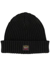 Paul & Shark Ribbed Wool Beanie With Iconic Badge In Black