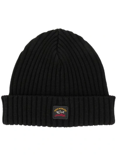 Paul & Shark Ribbed Wool Beanie With Iconic Badge In Black