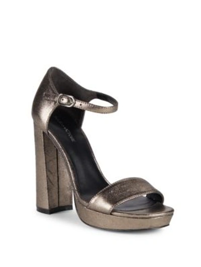 Pour La Victoire Yvette Leather Block Heel Sandals In Pewter