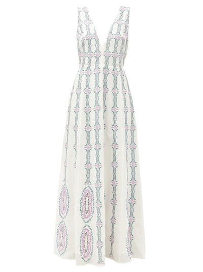 Le Sirenuse Positano Nellie Bubble Gum V-neck Cotton Maxi Dress In Ivory,lilac