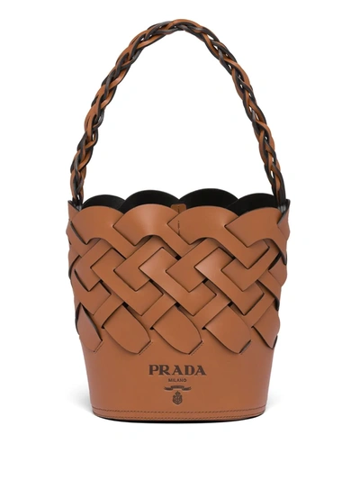 Prada Woven Leather Bucket Bag In Cognac
