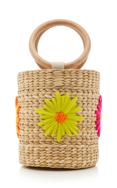Poolside Bobbi Floral-embroidered Straw Bucket Bag In Multi
