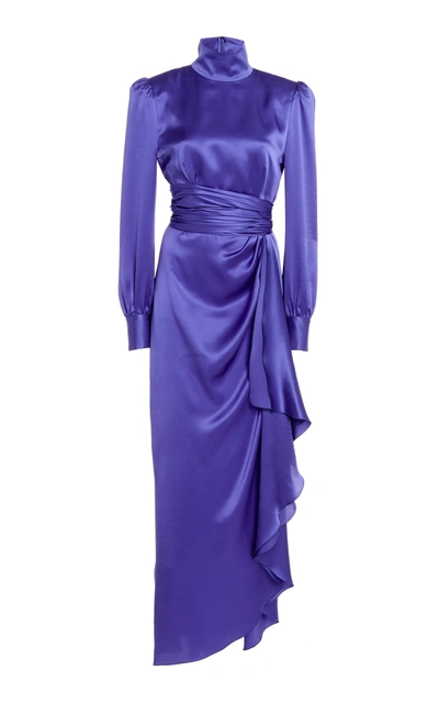 Alessandra Rich Draped Silk-satin Turtleneck Gown In Blue