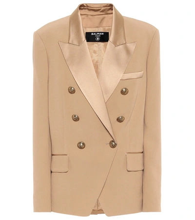 Balmain Satin-trimmed Melton Double-breasted Blazer In Brown