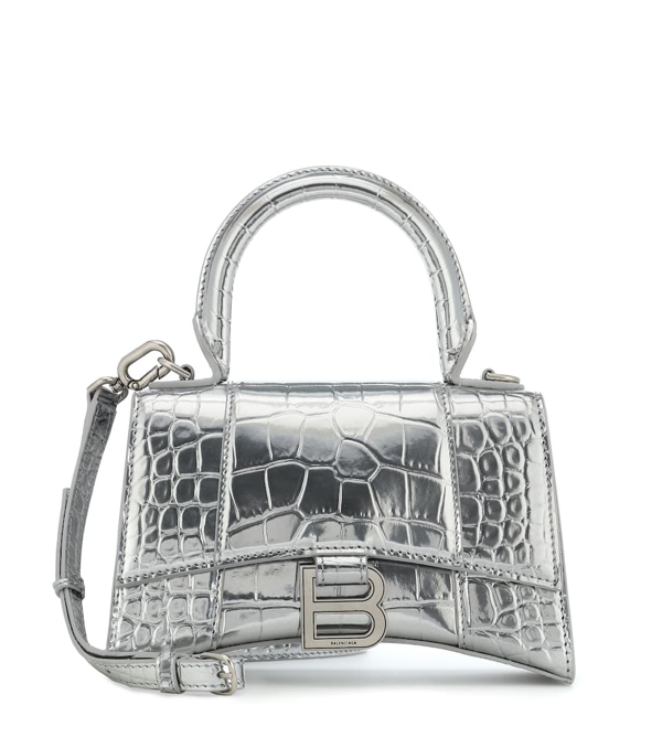 Balenciaga 'hourglass Xs' Metallic Croc Embossed Leather Shoulder Bag In Silver | ModeSens