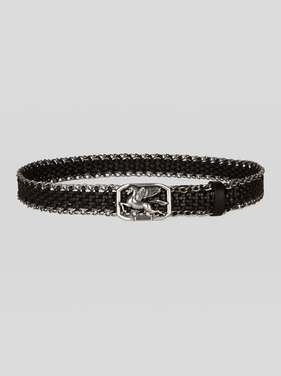 Etro Woven Leather Belt With Chains In Brown