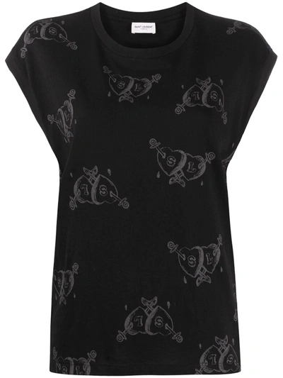 Saint Laurent Heart Print Tank Top In Black