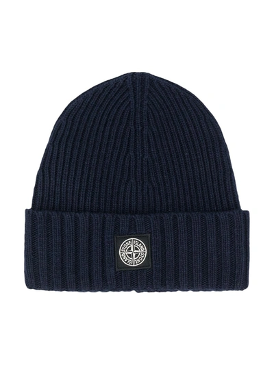 Stone Island Kids' Logo-patch Beanie Hat In Blue