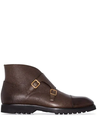 Tom Ford Kensington Pebble-grain Leather Monk-strap Boots In Braun