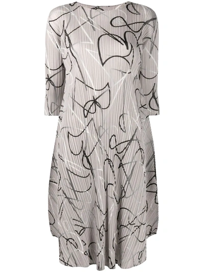 Issey Miyake Pleated Abstract Print Dress In Beige