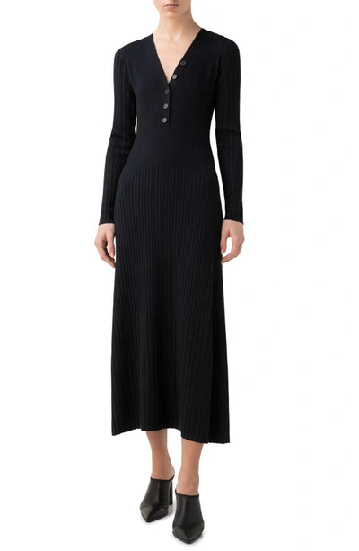 Akris Punto Rib Merino Wool Long Sleeve Dress In Black/ Dark Indigo