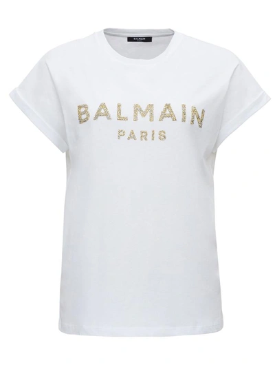 Balmain Tee With Sequined Logo In White