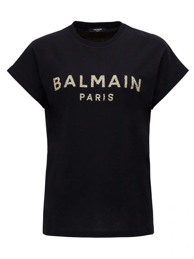 Balmain Tee With Sequined Logo In Black